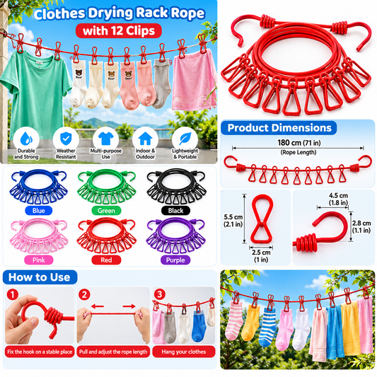 12 Clip Elastic Clothesline for Efficient Drying and Organization