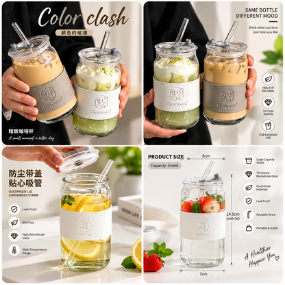 Aesthetic 550ml Color Glass Sipper with Straw