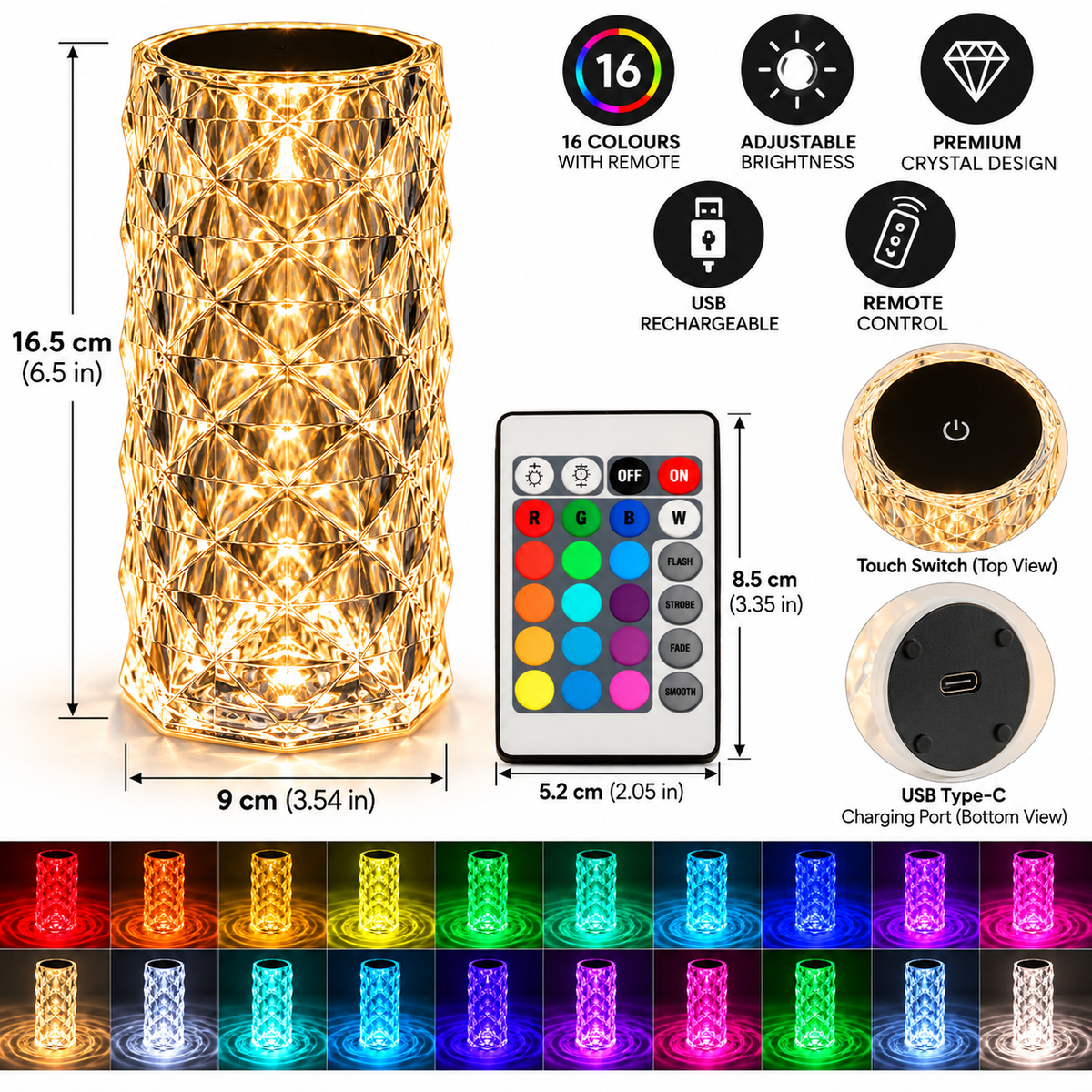 Crystal Diamond Table Lamp with RGB Touch Sensor