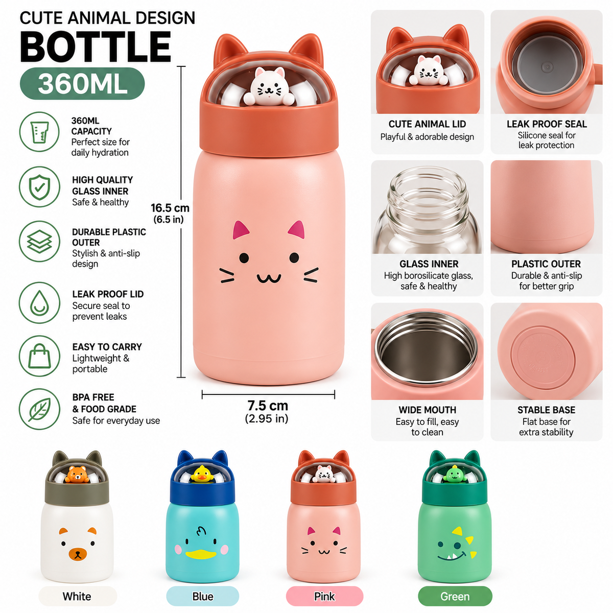 Animal Design Water Bottle with Strap 360ml