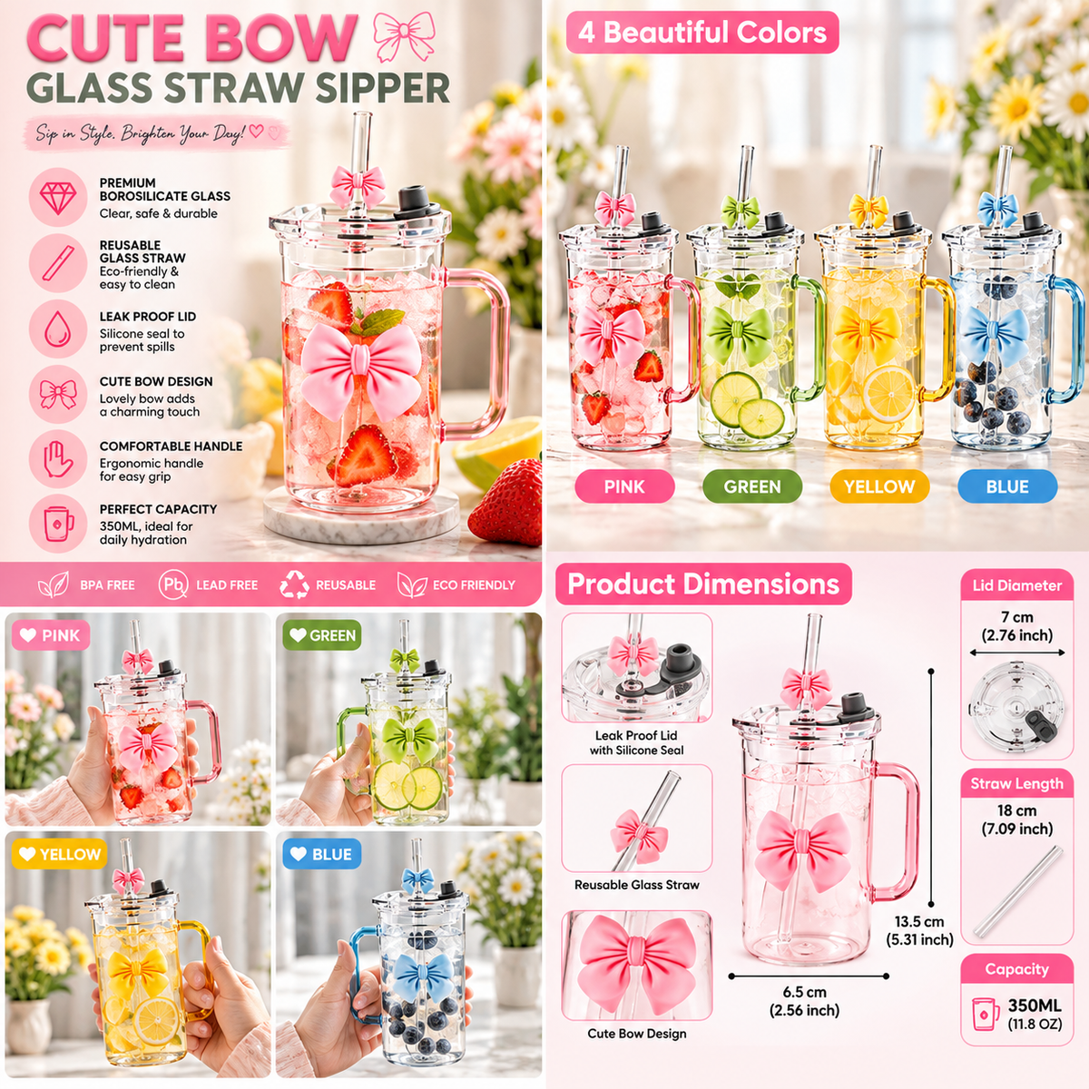 Cute Doodle Bow Glass Cup 350ml – Coffee, Tea & Juice Mug