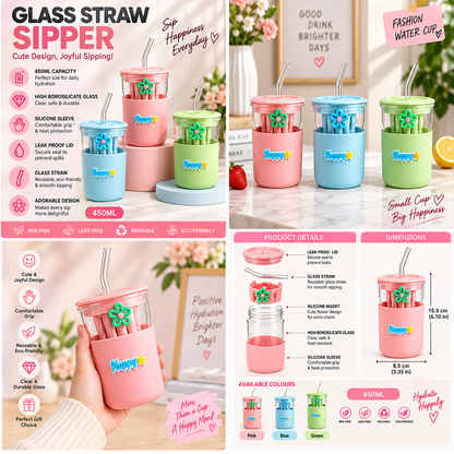 350ml Glass Straw Sipper with Carry Strap