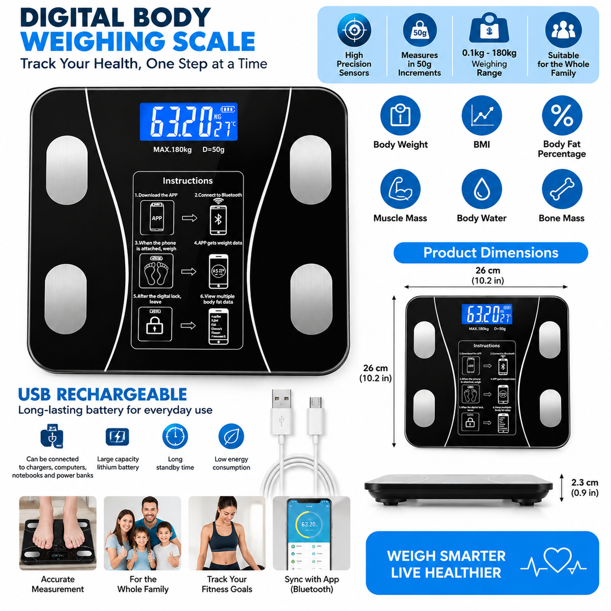 USB Rechargeable Smart Digital Body Weight Scale
