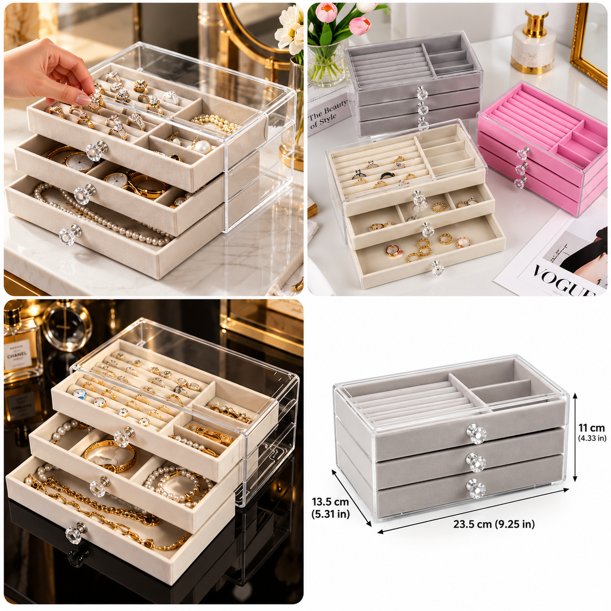 Acrylic Jewellery Organizer with 3 Drawers for Stylish Storage