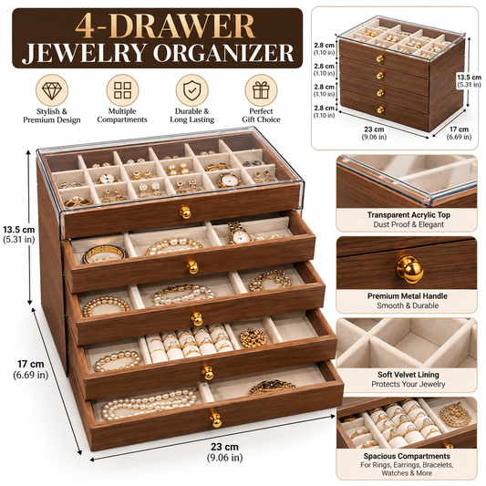 Wooden Jewelry Box - 4 Layer Walnut Drawers with Clear Lid