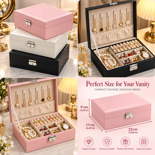 Double Layer Jewelry Organizer Box - Lockable Cosmetic Storage Case