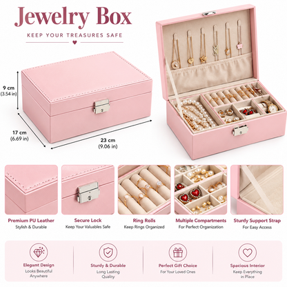 Double Layer Jewelry Organizer Box - Lockable Cosmetic Storage Case