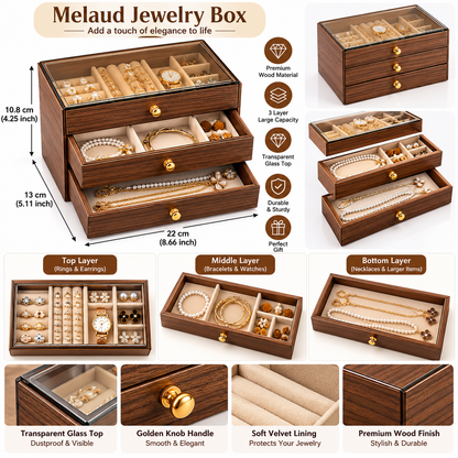 Wooden Acrylic Jewellery Organizer with 3 Drawers for Stylish Storage