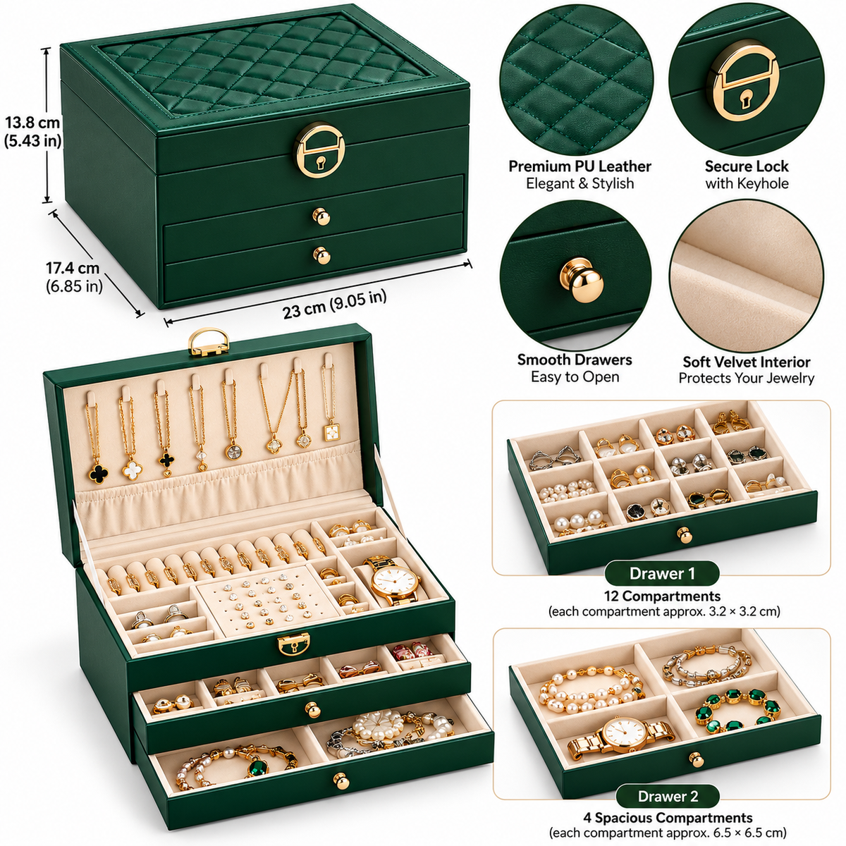 3-Layer Leather Jewelry Box - Professional Locked Organizer