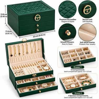 3-Layer Leather Jewelry Box - Professional Locked Organizer