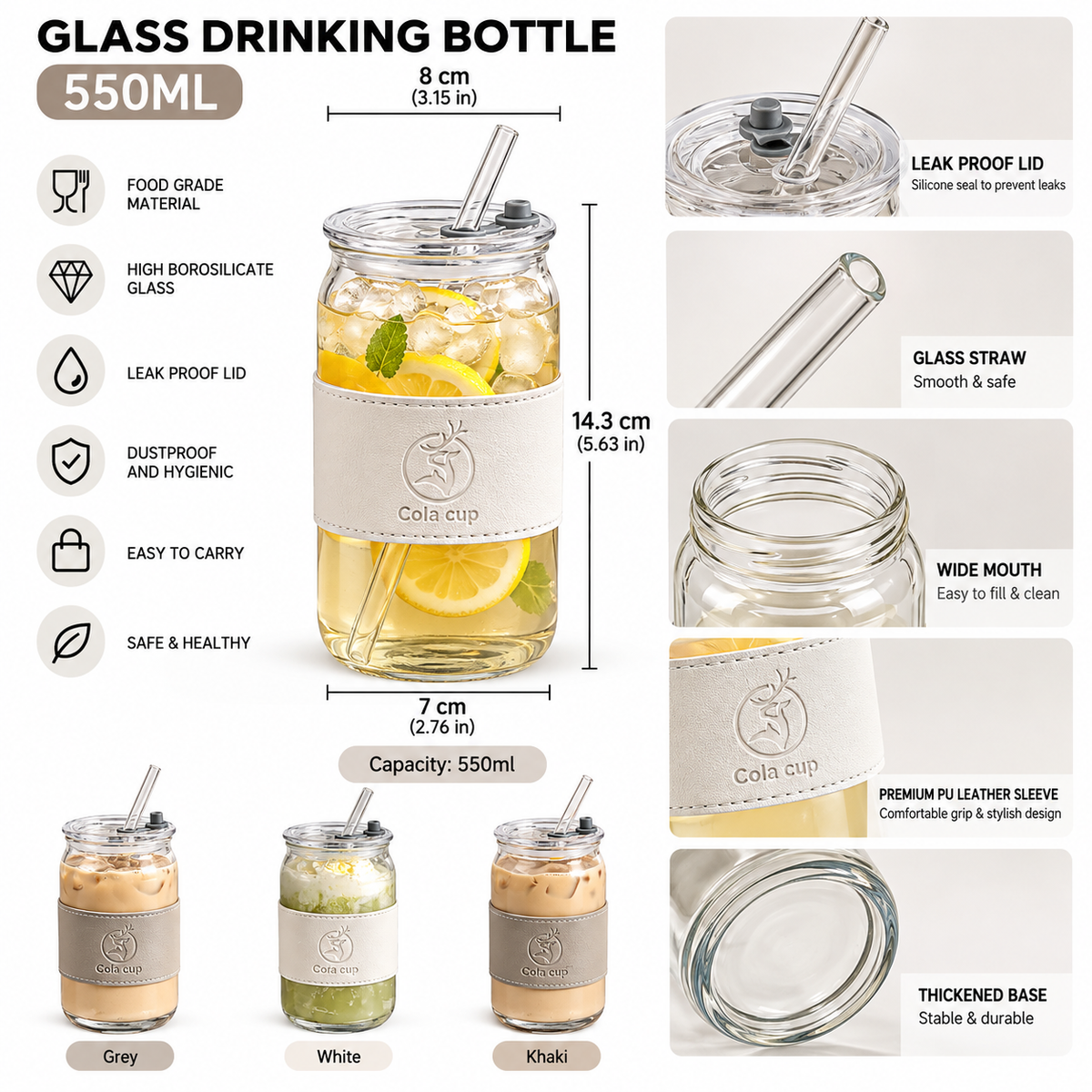Aesthetic 550ml Color Glass Sipper with Straw
