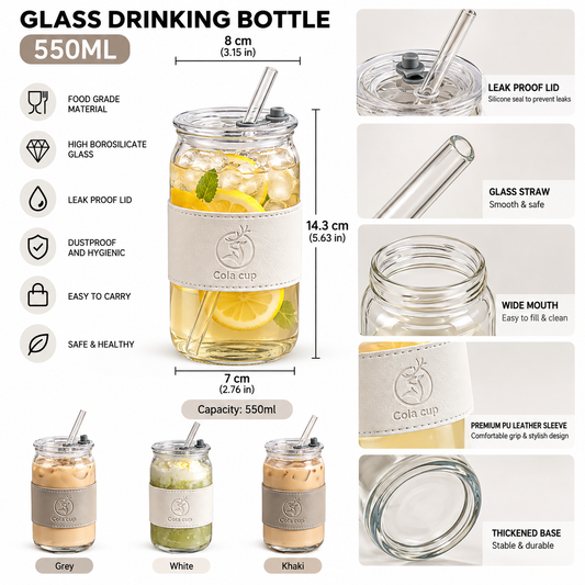 Aesthetic 550ml Color Glass Sipper with Straw