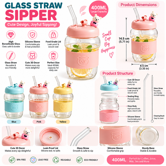 Cute Bear Glass Sipper with Straw