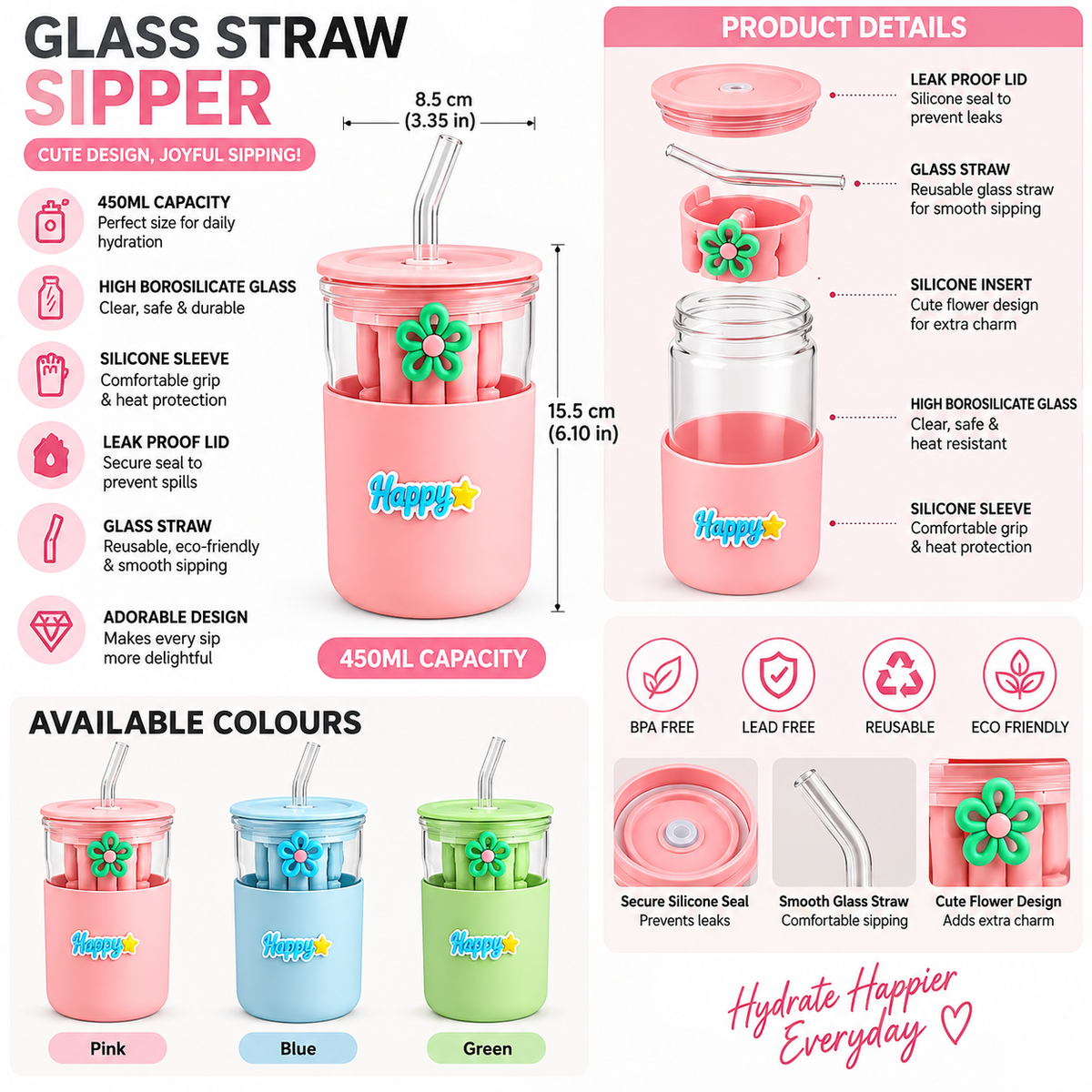 350ml Glass Straw Sipper with Carry Strap
