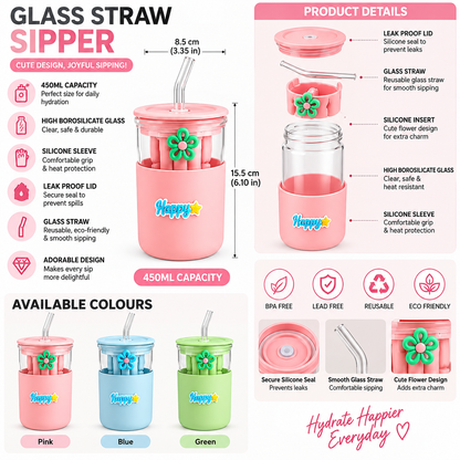 350ml Glass Straw Sipper with Carry Strap