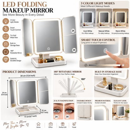 3-Fold LED Makeup Mirror - Dual Door Touch Control 360° Rotating Vanity Mirror with Lights