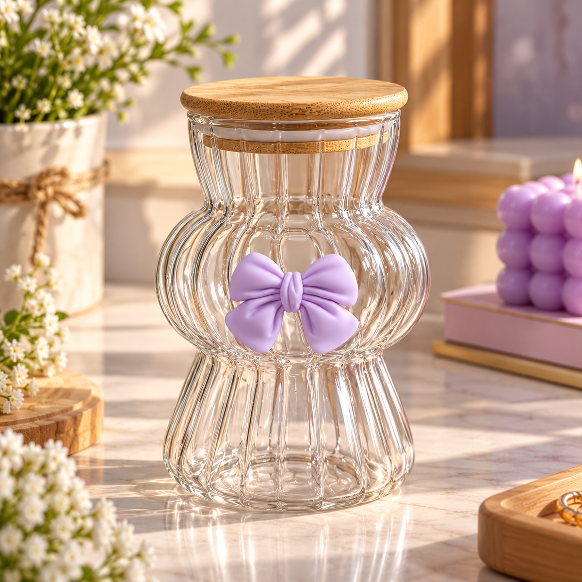 Amber Bow Bubble Glass Sipper - Aesthetic Wavy Glass Tumbler (450ml)