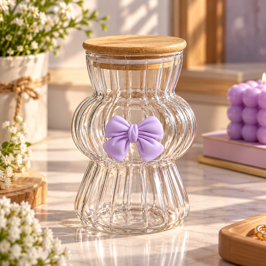 Amber Bow Bubble Glass Sipper - Aesthetic Wavy Glass Tumbler (450ml)