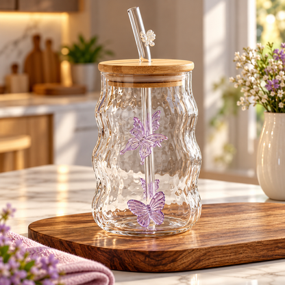 Butterfly Ripple Iced Tea Glass with Lid &amp; Straw (550ml)