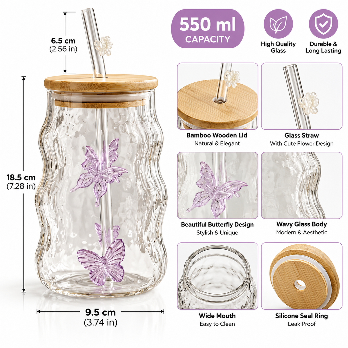 Butterfly Ripple Iced Tea Glass with Lid &amp; Straw (550ml)