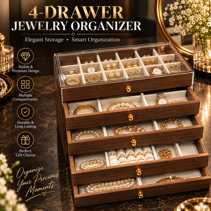 Wooden Jewelry Box - 4 Layer Walnut Drawers with Clear Lid