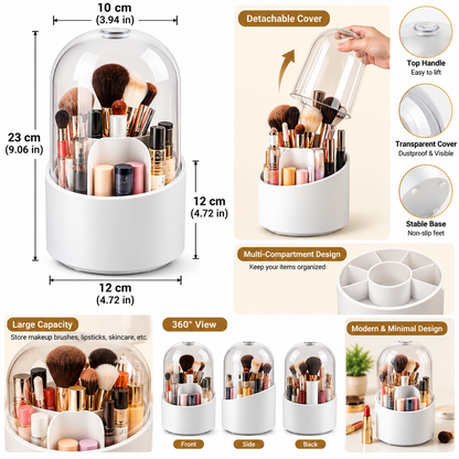 360° Rotating Makeup Brush Holder with Dustproof Dome Lid – Vanity Organizer