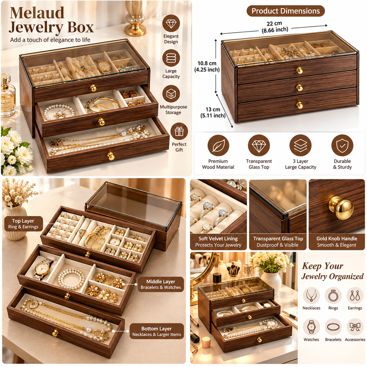 Wooden Acrylic Jewellery Organizer with 3 Drawers for Stylish Storage