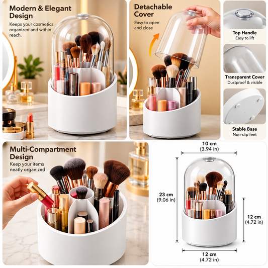 360° Rotating Makeup Brush Holder with Dustproof Dome Lid – Vanity Organizer