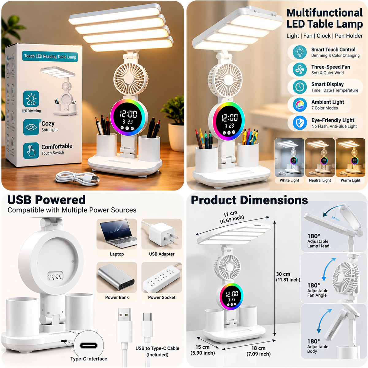 5-in-1 LED Fan Desk Lamp with Phone Holder - Rechargeable