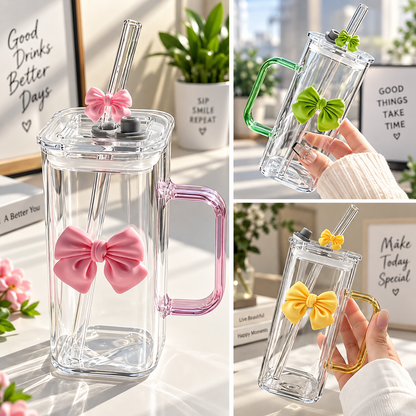 Cute Doodle Bow Glass Cup (350ml)– Coffee, Tea & Juice Mug