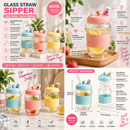 Cute Bear Glass Sipper with Straw