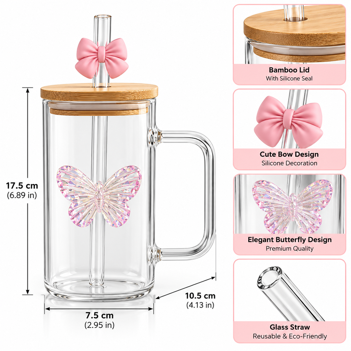 Butterfly Square Iced Tea Glass with Lid &amp; Straw (350ml)