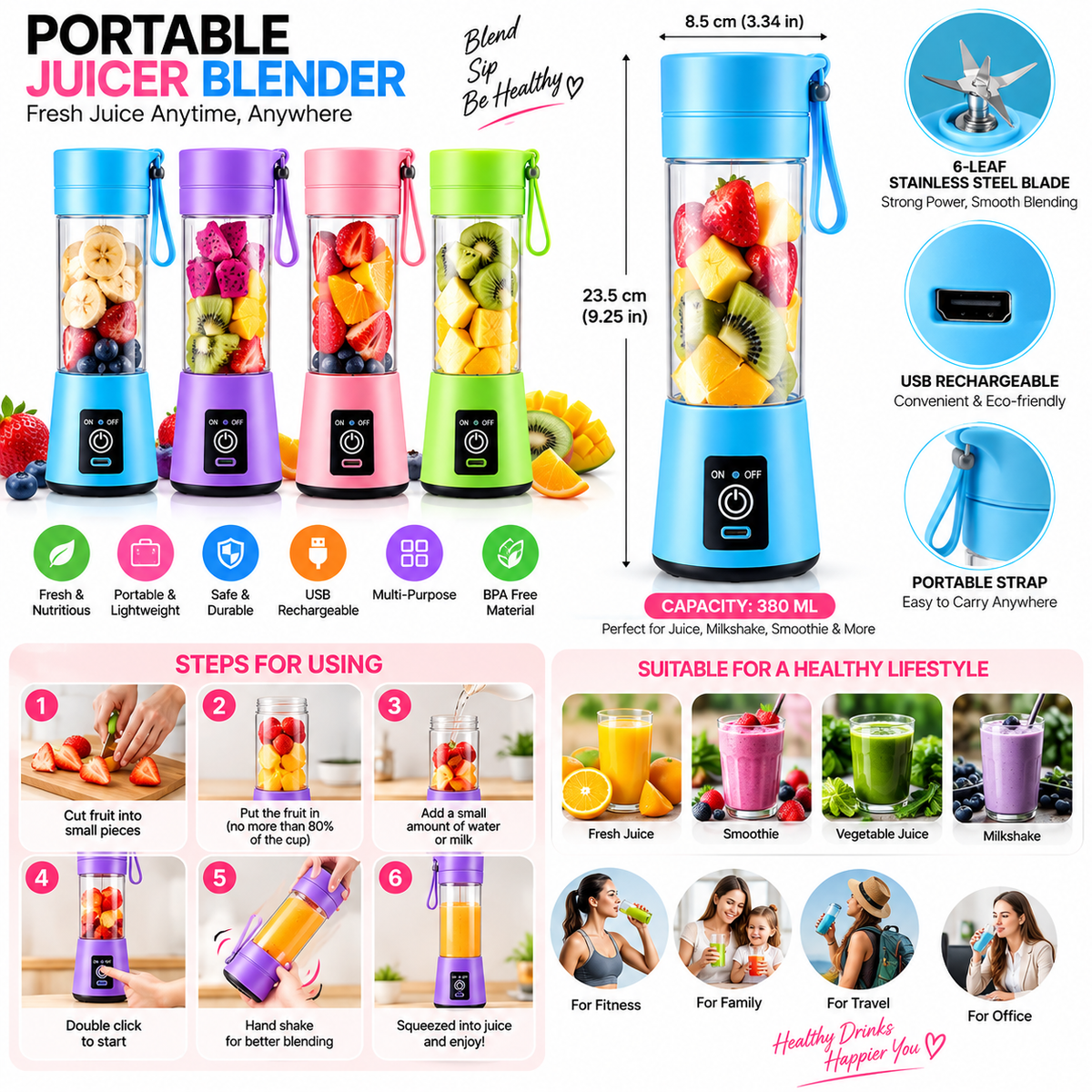 Portable Electric Juicer Blender - Compact & Stylish