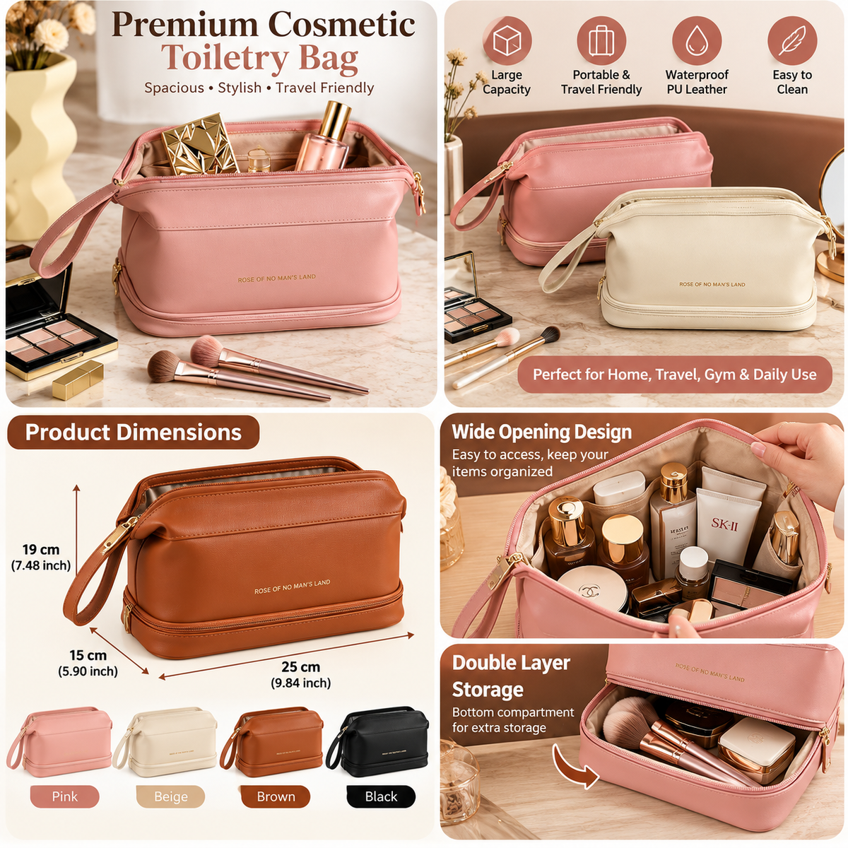 Double Layer Leather Travel Makeup Bag - Stylish & Spacious