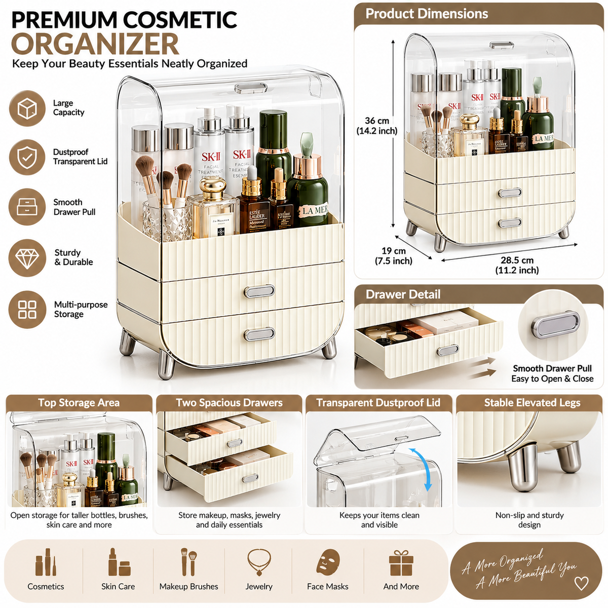 Dust Proof Makeup Organizer with Drawers