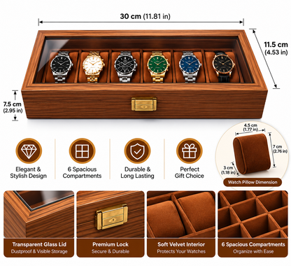 Wood Grain Leather Watch Box with Glass Lid