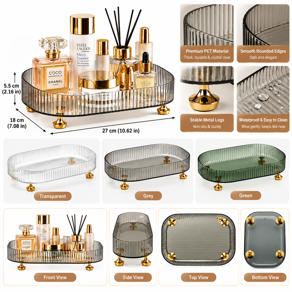 Luxury Acrylic Ripple Storage Tray with Gold Stands