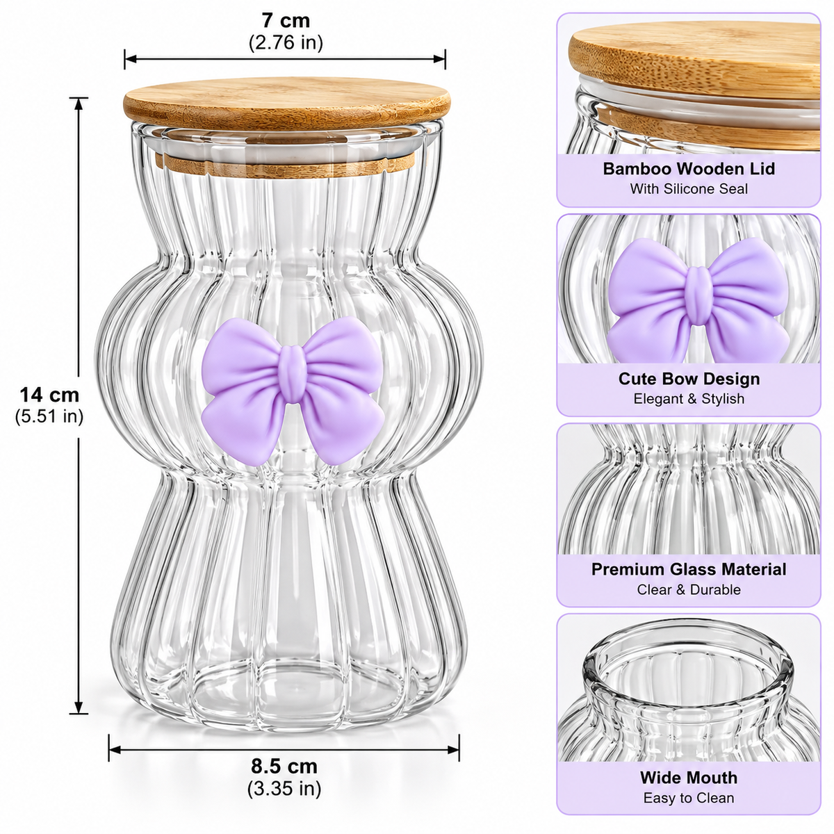 Amber Bow Bubble Glass Sipper - Aesthetic Wavy Glass Tumbler (450ml)