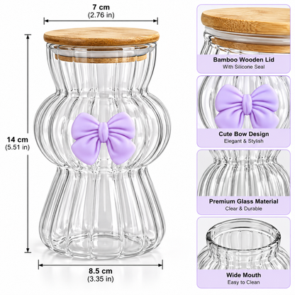 Amber Bow Bubble Glass Sipper - Aesthetic Wavy Glass Tumbler (450ml)