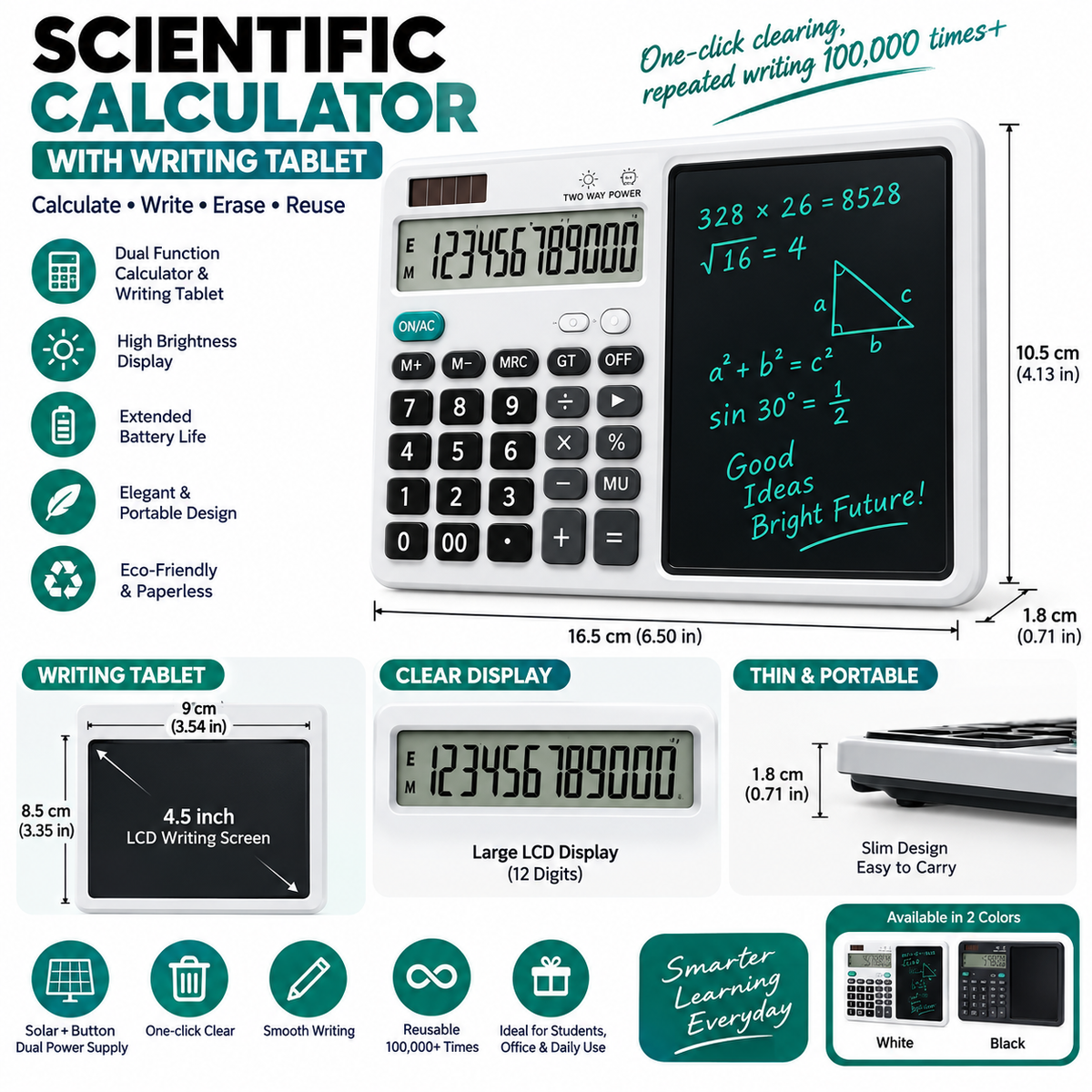 12-Digit LCD Desktop Calculator with Integrated Writing Tablet