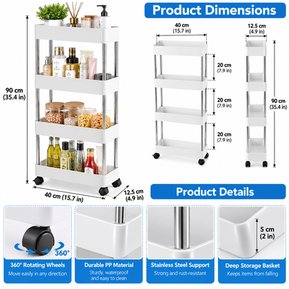 4-Tier Slim Rolling Storage Trolley – Space-Saving Organizer Rack