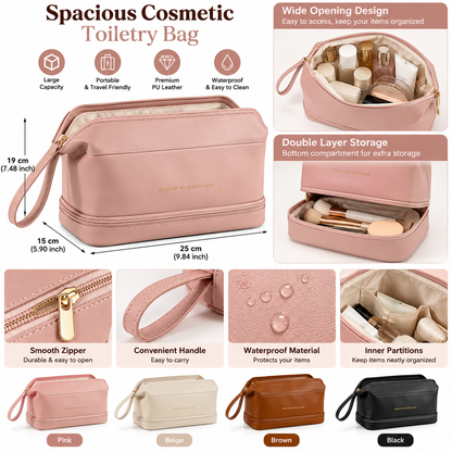 Double Layer Leather Travel Makeup Bag - Stylish & Spacious