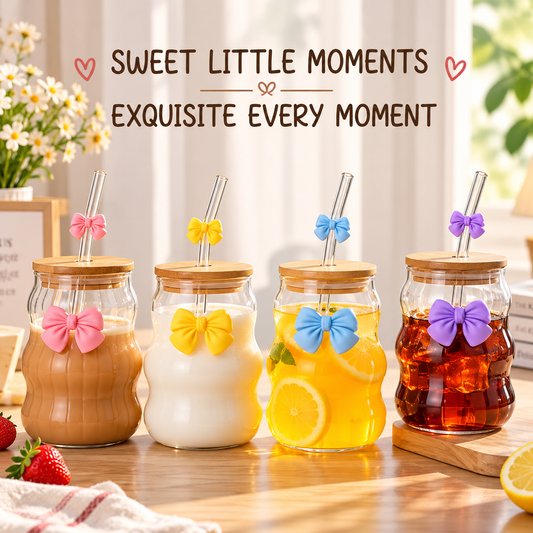 Bow Glass Water Cup with Straw – Cute Drinking Cup (400ml)