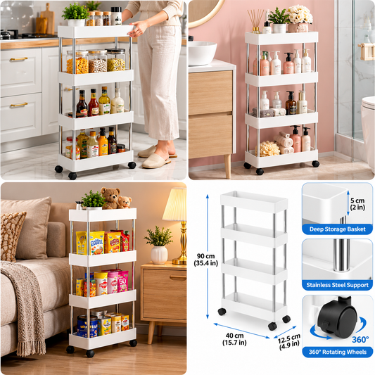 4-Tier Slim Rolling Storage Trolley – Space-Saving Organizer Rack