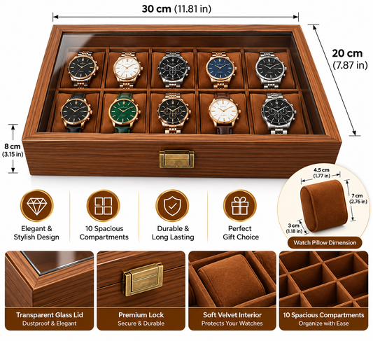 Wood Grain Leather Watch Box with Glass Lid