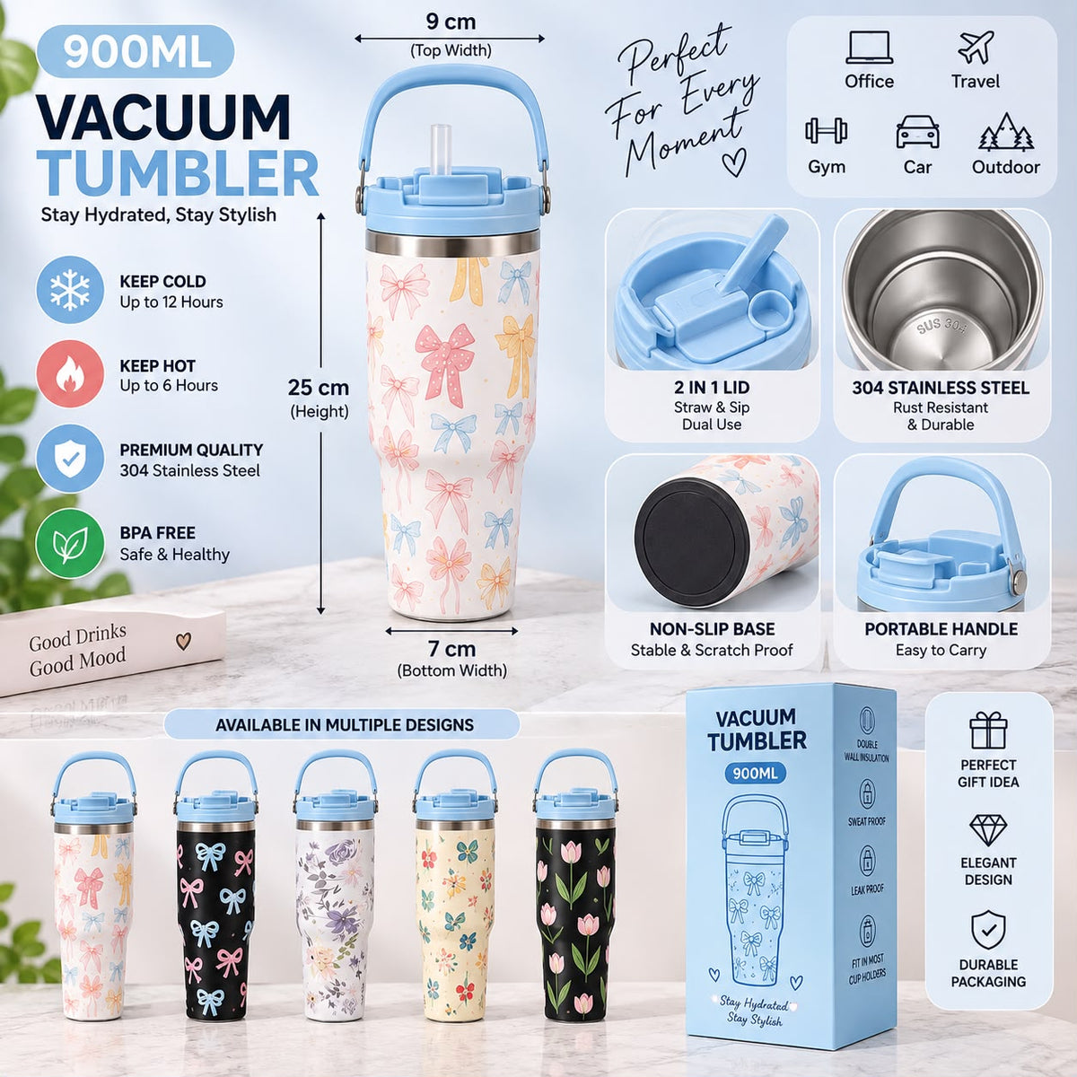 900ml Bow Design Vacuum Tumbler with Handle