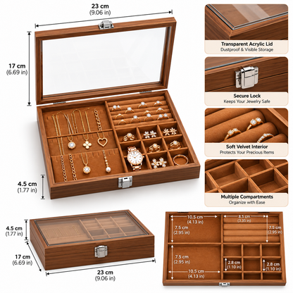 Wooden Jewelry Box with Compartment Tray
