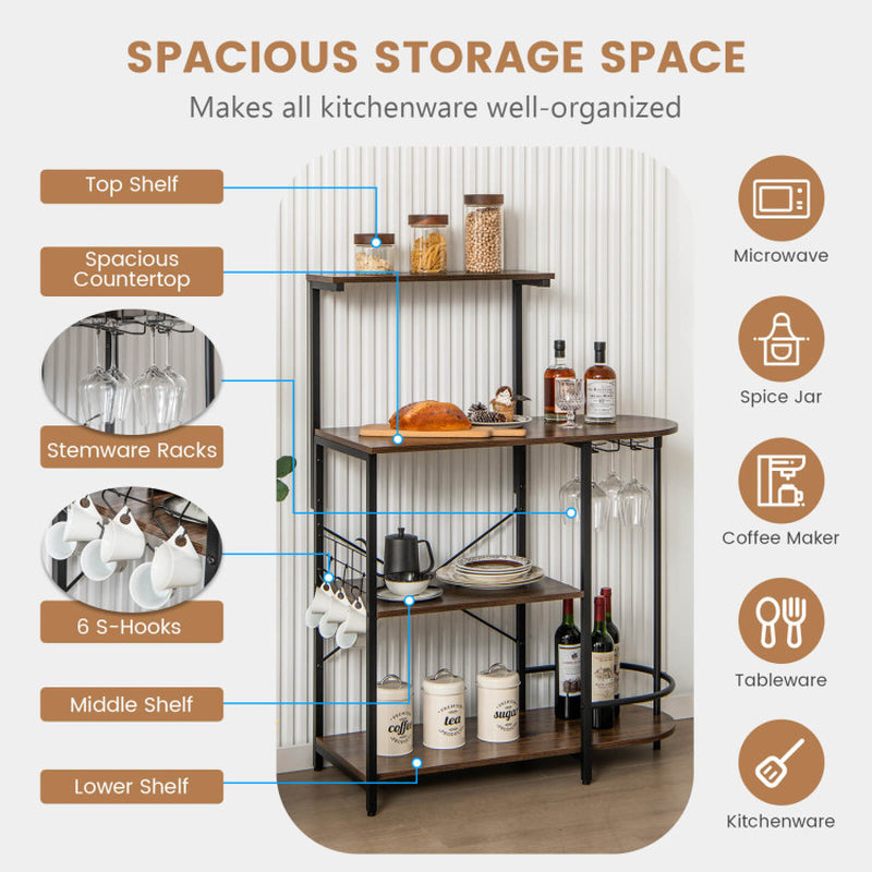 4-Tier Kitchen Bakers Rack with 6 S-Hooks and Stemware Racks