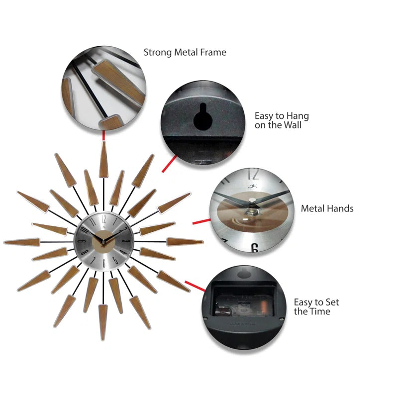 Midcentury/Modern Starburst Metal Wall Clock 23 Inches - Walnut