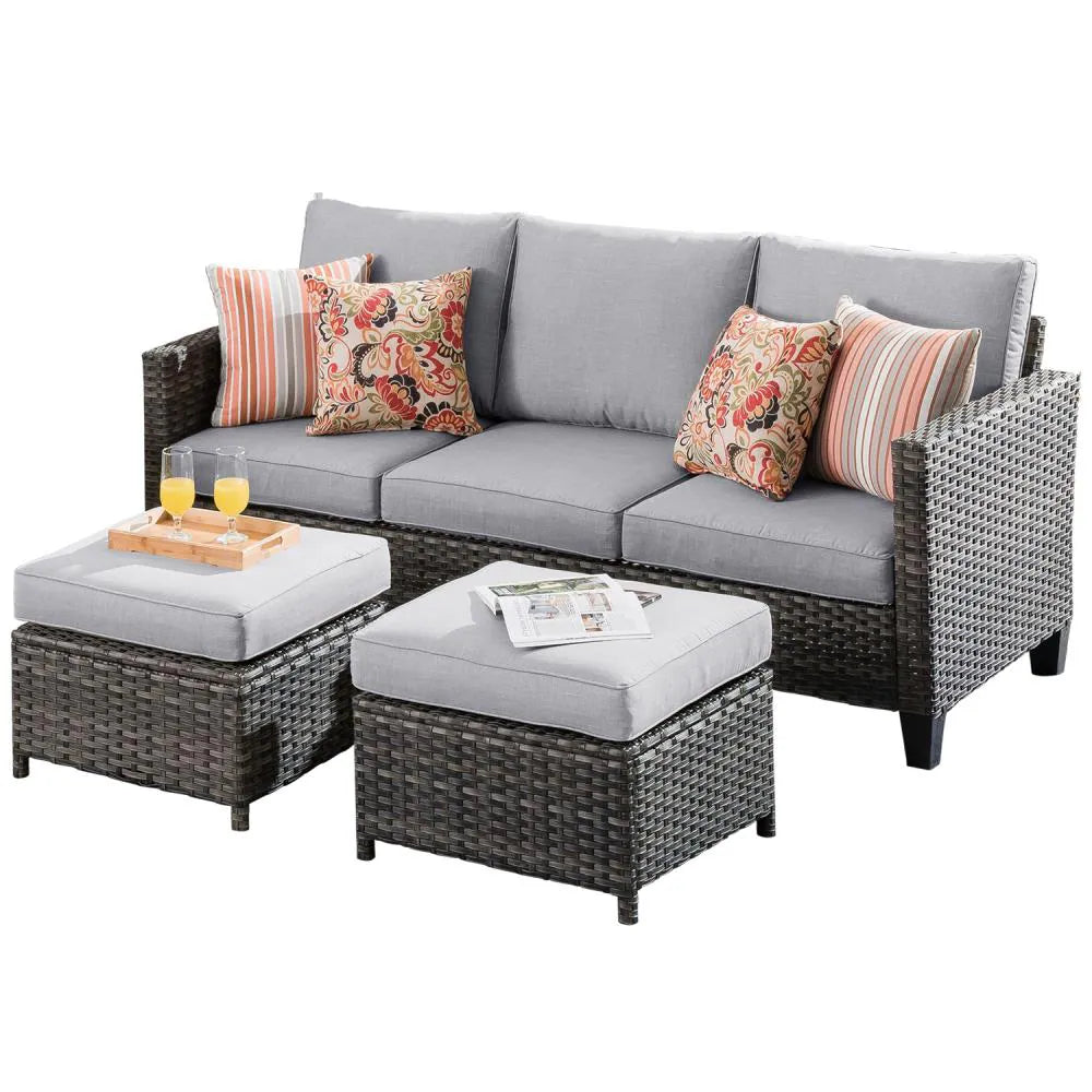 New Vultros Rattan Outdoor Sofa with Light Gray Cushions and Iron Frame